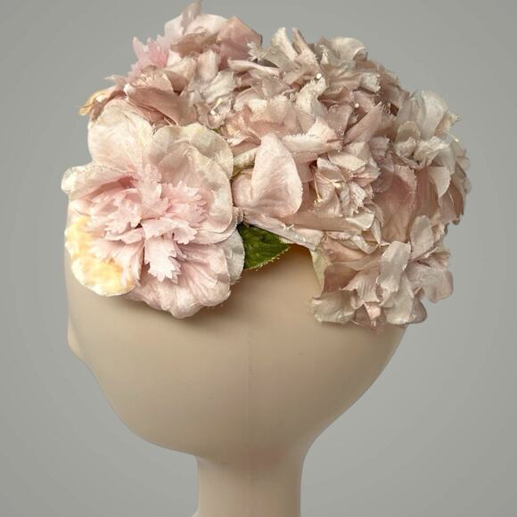 1950s Pink Floral Juliet Cap Bridal Hat Union Made Vintage main image 7